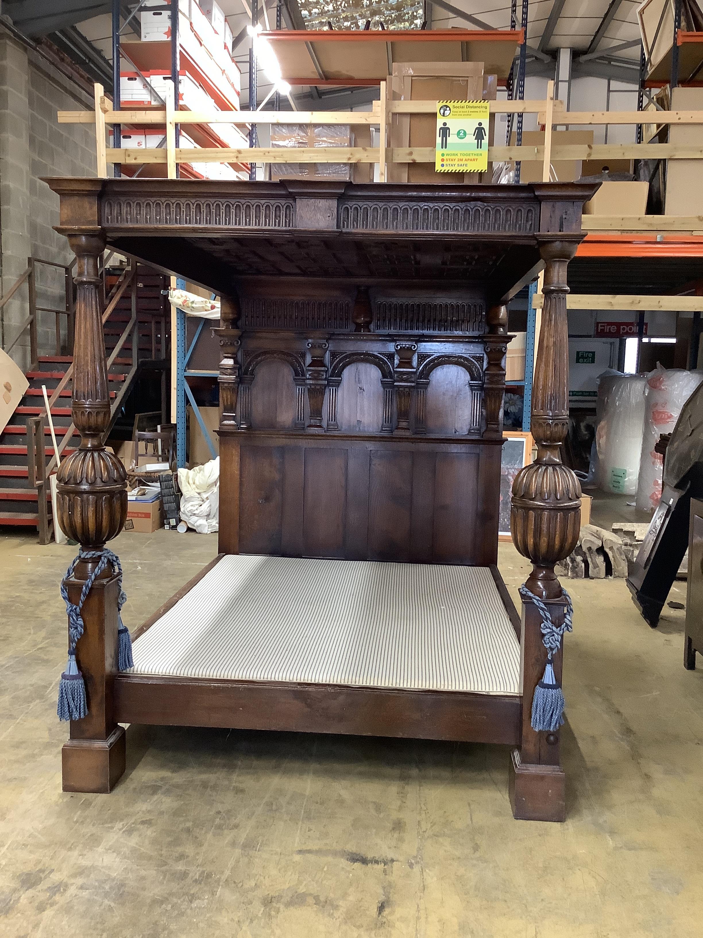 A 17th century style oak tester bed frame, width 160cm, length 218cm, height 199cm